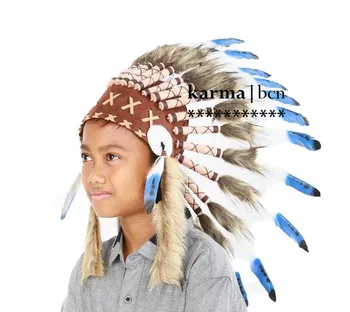 

Indian headdress Handmade for children (5 to 8 years old) 54 cm / 21,25 head circumference made with real blue swan
