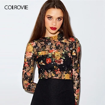 

COLROVIE Keyhole Back Fitted Floral Lace Top Without Bandeau Women Long Sleeve Sheer Pullovers Tops 2019 Autumn Slim Sexy Tees