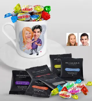 

Personalized Valentine Caricature Of Turkish Coffee Cup Selamlique Mixed Turkish Coffee house And Haribo Candy Gift Seti-3