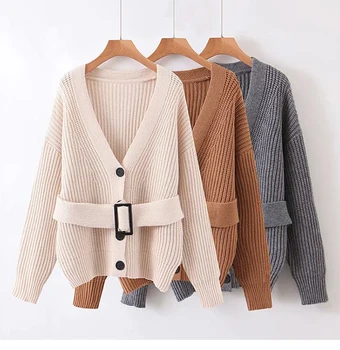 

Obrix Casual Style Female Loose Cardigan V-Neck Full Sleeve Belt Knitted Single Breasted Cardigan For Women