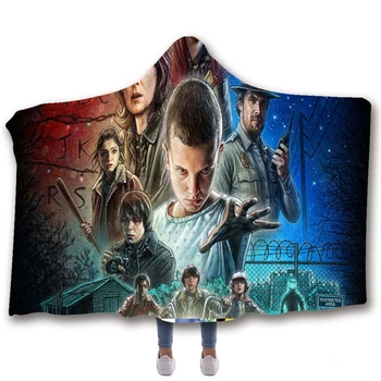 

Anime Stranger Things Printed Plush Hooded Blanket For Adults Kid Blankets For Beds Wearable Double layer Fleece Throw Blankets