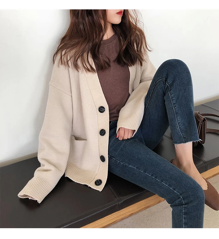

Obrix Sweet Loose Female Cardigan Spring Autumn Wide Waisted Single Breasted V-Neck Full Sleeve Casual Style Cardigan For Women