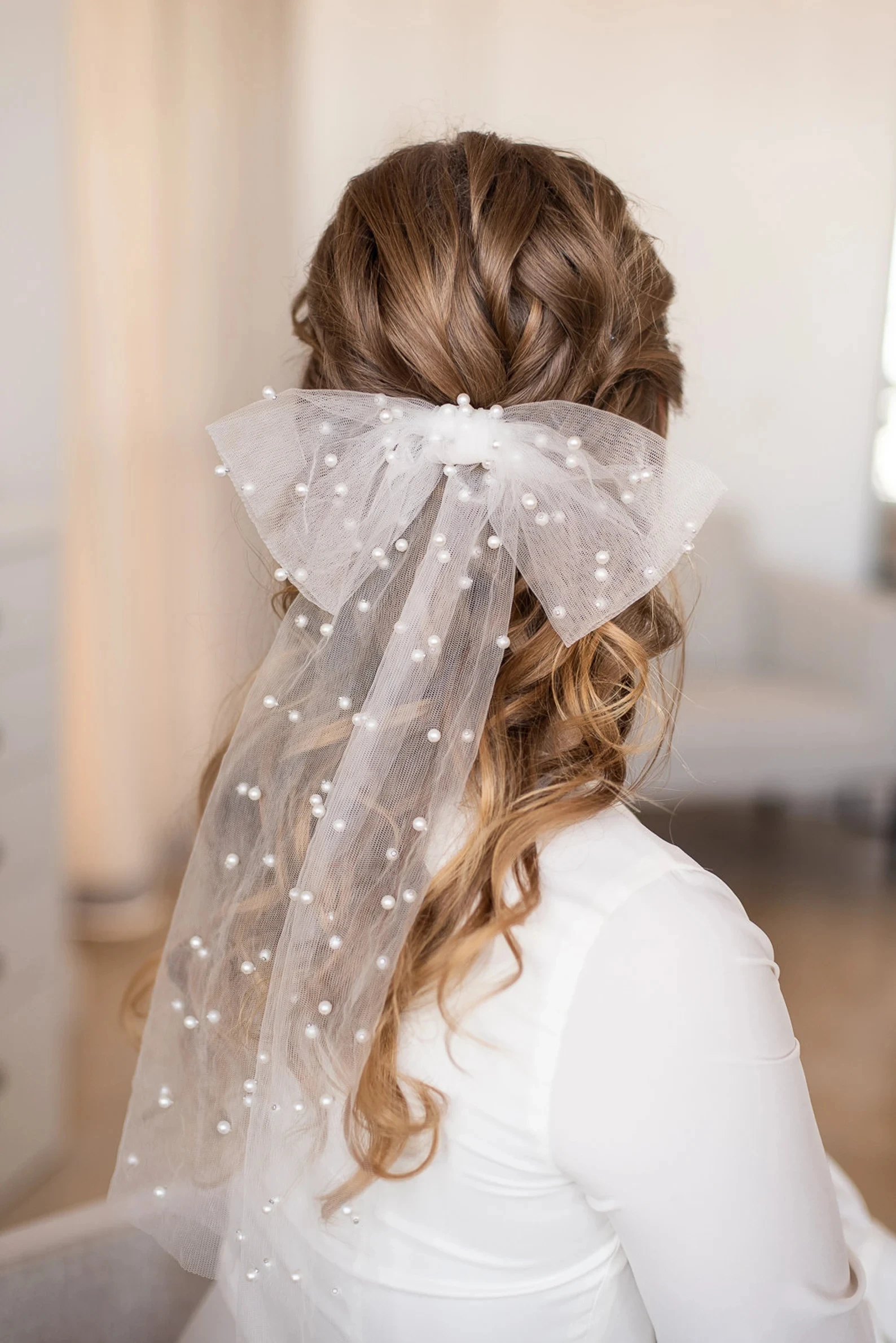 Veil Hair Bow Pearl Veil Bridal Tulle Bachelorette Party Shower