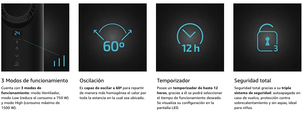 Cecotec Calefactor Bajo Consumo Ready Warm 8200 Bladeless. Potencia 1500 W,  Mando a Distancia, Pantalla LED, Control táctil, 3 Modos, Oscilación 60º,  Temporizador, Triple Sistema de Seguridad : : Hogar y cocina