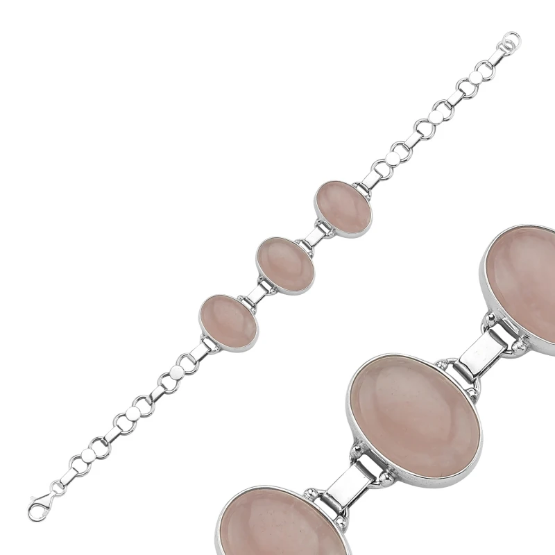 

Silver 925 Sterling Pink Quartz Stone Oval Hand Handwork Bracelet