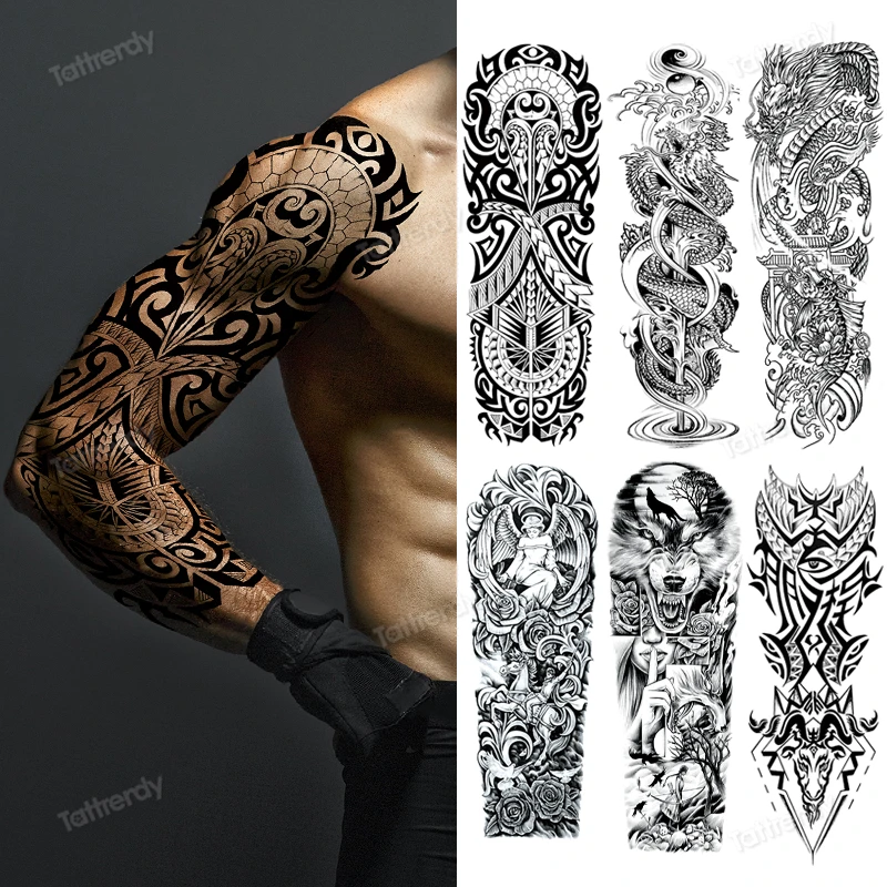 Sexy Large Tattoo For Men Boy Body Art Full Arm Tattoo Sleeve Totem Tribal  Dragon Machine Designs Waterproof Tatoo Fake Black - Temporary Tattoos -  AliExpress