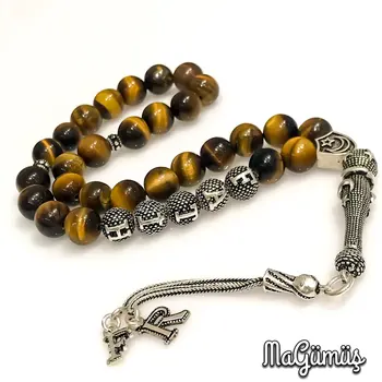 

Tiger's Eye Stone Single name Inscribed Silver Tassels Rosary