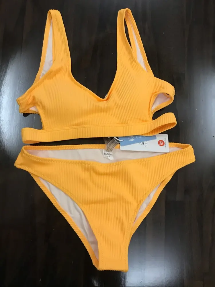 Yellow Feather Yarn Solid Bikini Set Plain Hollow out Padded Two Pieces ...