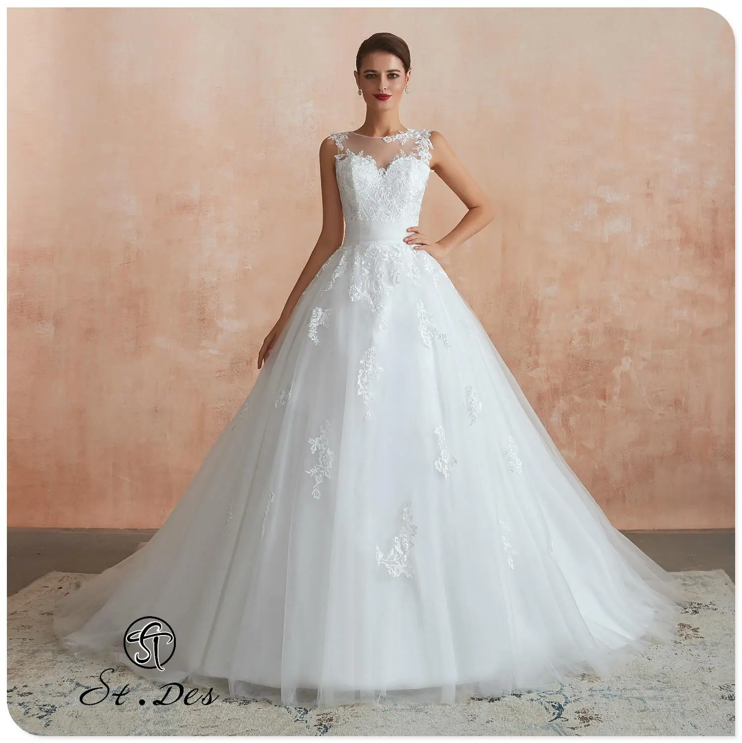 

NEW 2020 St.Des Ivory A-line Russian Sleeveless Sweetheart RoundNeck Lace Flower Floorlength Designer Elegant wedding dress