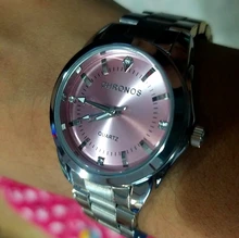 CHRONOS-Reloj de acero inoxidable con diamantes de imitación para mujer, pulsera de plata, cuarzo, resistente al agua, analógico, de negocios, esfera rosa y azul