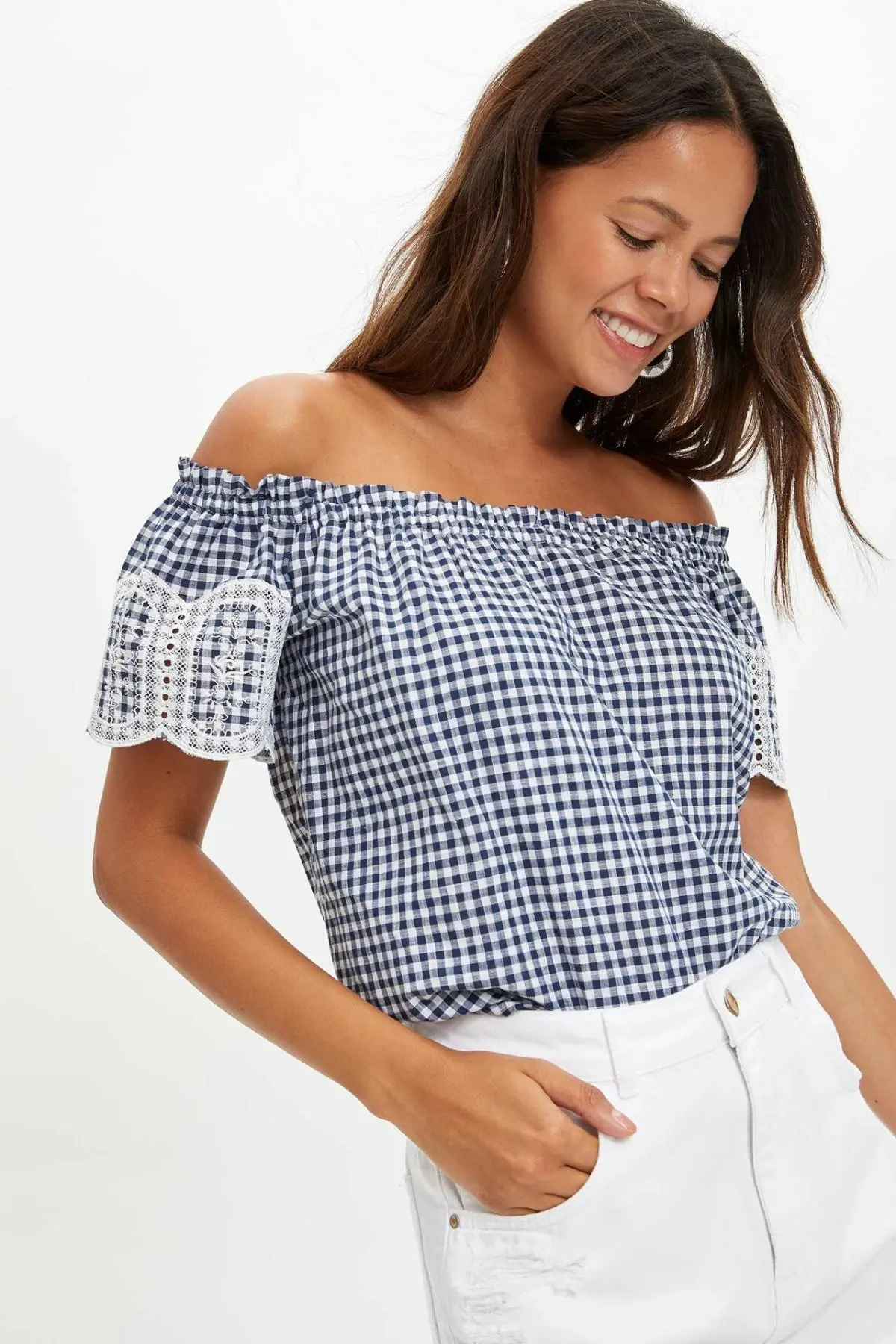  DeFacto Sweet Woman Short Sleeve Blouse Ladies Fashion Off-shoulder Plaid Shirts Female Leisure Loo