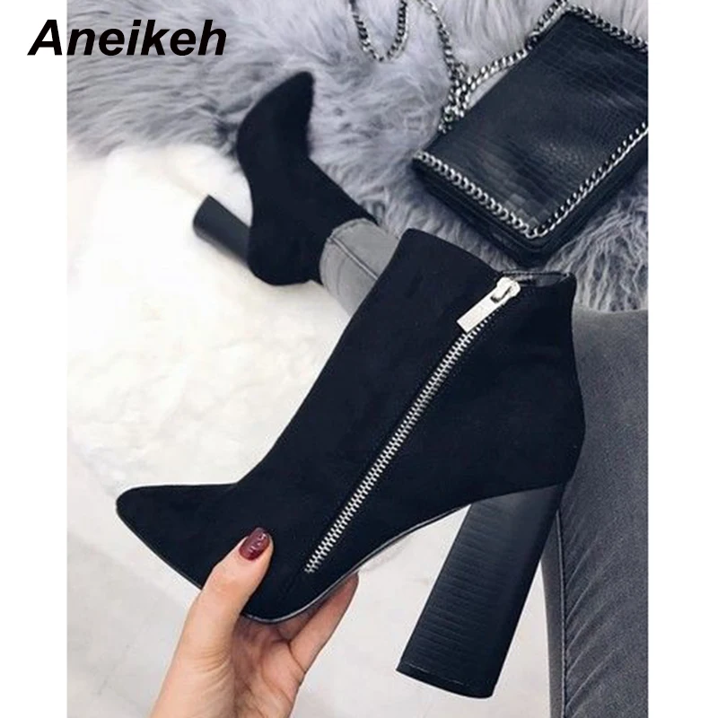 

Aneikeh 2020 Fashion New Flock Chelsea Boots Pointed Toe Zip Women's Boots Dance Square heelHeel Party Shoes Shallow 35-42 black