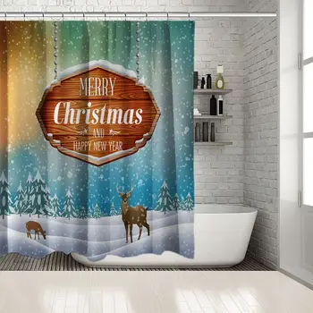 

Snowy Winter Night Pine Trees Colorful Sky Merry Christmas Note on Wooden Board Cartoon Art Green Blue White Shower Curtain