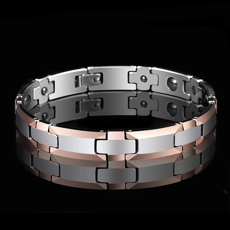 

9MM Silver Tungsten Carbide Bracelet Magnet Health Link High Polished Edge 18K Rose Gold Anti-Fatigue Size Adjustable
