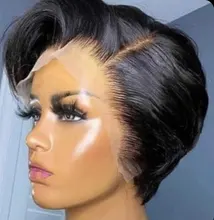 Pelucas de cabello humano Natural para mujeres, pelo de corte Pixie Bob con encaje frontal 13x4, liso, color negro
