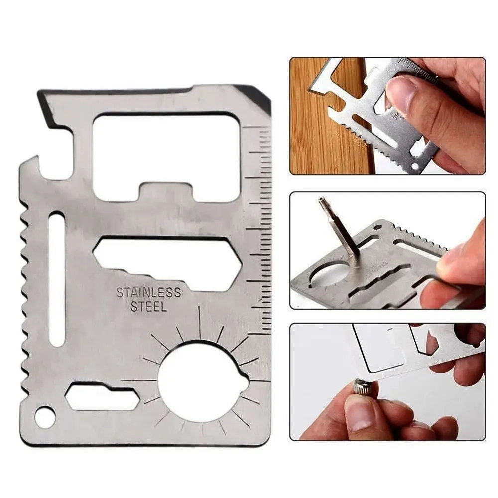 Carte multi-outils 11 en 1 argent/noir, survie, camping, polyvalent,  tournevis, ouvreur, scie