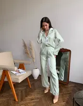 Shirt Leg-Pants Trousers Women Two-Pieces-Set OOTN Long-Sleeves Elegant Female Green