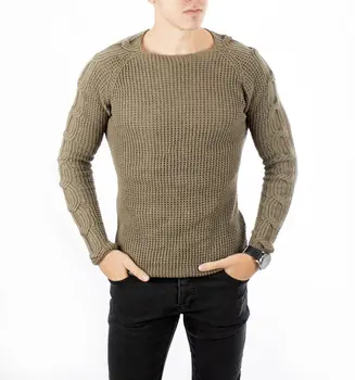 

DeepSEA Khaki Handles Embroidered Thick Braided Narrow Cut Knitwear Sweater 1808068