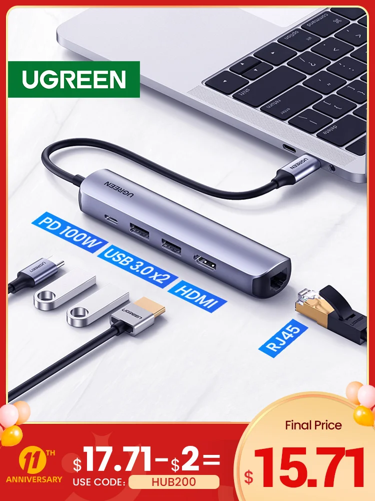  UGREEN USB C концентратор Мини Размер USB Type C 3,1 до 4K HDMI RJ45 PD USB 3,0 OTG адаптер USB C док станция для MacBook Air Pro 2020 PC usb хаб 