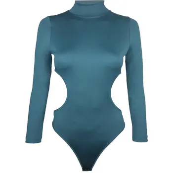 

Surge Women Bodysuit Top Sexy Tank T-shirt "Dark Shiney Teal" Petrol Blue Turtle Neck Long Sleeve bodysuit
