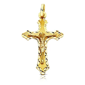

Cross pendant crucifix 18k gold Christ 35mm. Carved edging terminations unisex