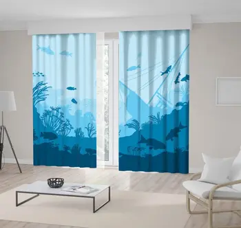

Curtain Undersea World Coral Reef and Sea Creatures Silhouette Wild Nature Illustration Blue
