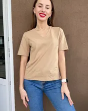 Summer T-Shirt Tees Short-Sleeve Basic Female V-Neck Women Ladies Hirsionsan 100%Cotton