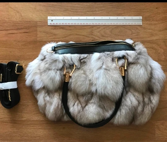Fashion Real Fox Fur Shoulder Bags for Women Genuine Cowhide Handle Big Handbags