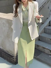 

Women Elegant 3 Pieces Skirt Suits Striped Shirt Short Jackets High Waist Midi Skirts 2022 Spring Vintage Blazer Suits