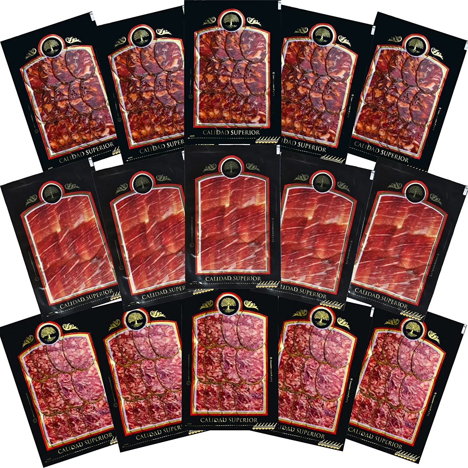 Lote Jamón Ibérico 5 paquetes de 100gr, Chorizo Ibérico Bellota 5 paquetes de 100gr y Salchichón Ibérico de Bellota 5 paquetes