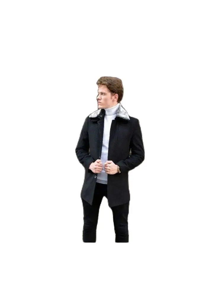 Men's Black Cachet Coat 2021 Autumn Winter Season Removable Fur Collar Slim Fit Regular Hidden Button Casual PocketWarmOuterwear