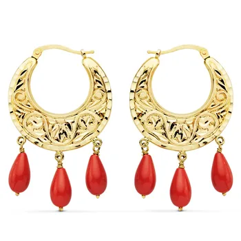 

18k gold earrings hoops 25mm tears synthetic choral [AC0982]