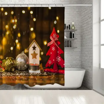 

Decorative Balls Festive Lights Candles On Christmas Background With Sparkles Celebration Theme Red Brown Yellow Shower Curtain