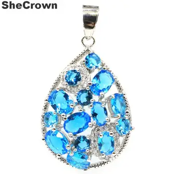 

35x22mm Pretty Pear Shape Created Paris Blue Topaz White CZ Woman's Silver Pendant