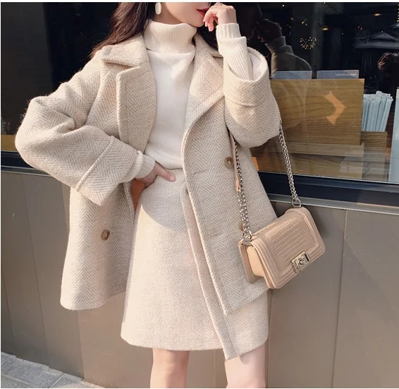 

Obrix Jacket+Skirt Formal Female Set Casual Style V-Neck Full Sleeve Coat Mid Waist Mini Short Skirt Set For Work And Study