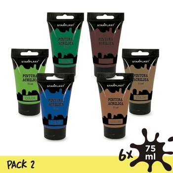 

Starplast Pack 6 Pinturas acrilic in tube, bright paint, washable, 75 ml, for printed canvas painting, paper, ceramics, wood 6 Colores
