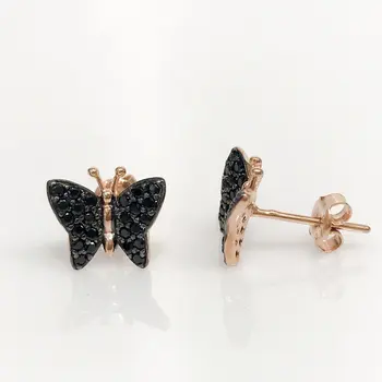 

Tiny Black Onyx Stone Butterfly Silver Earrings