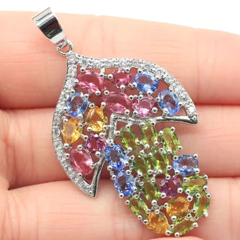 

51x28mm Multi Color Big Created Tourmaline Tanzanite Peridot Citrine Bright Zircon Gift For Sister Silver Pendant