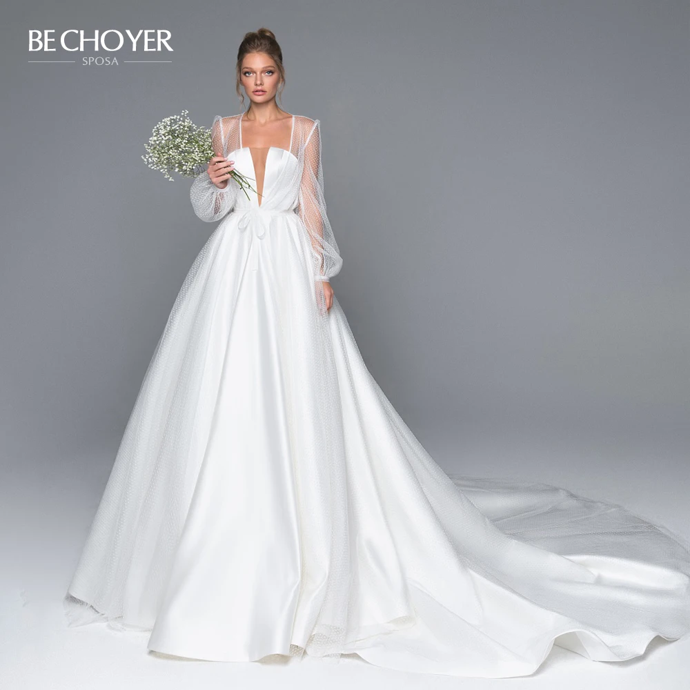 

Elegant 2 In 1 Satin A-Line Wedding Dress Illusion Court Train Princess BE CHOYER EL01 Bride Gown Customized Vestido de Noiva