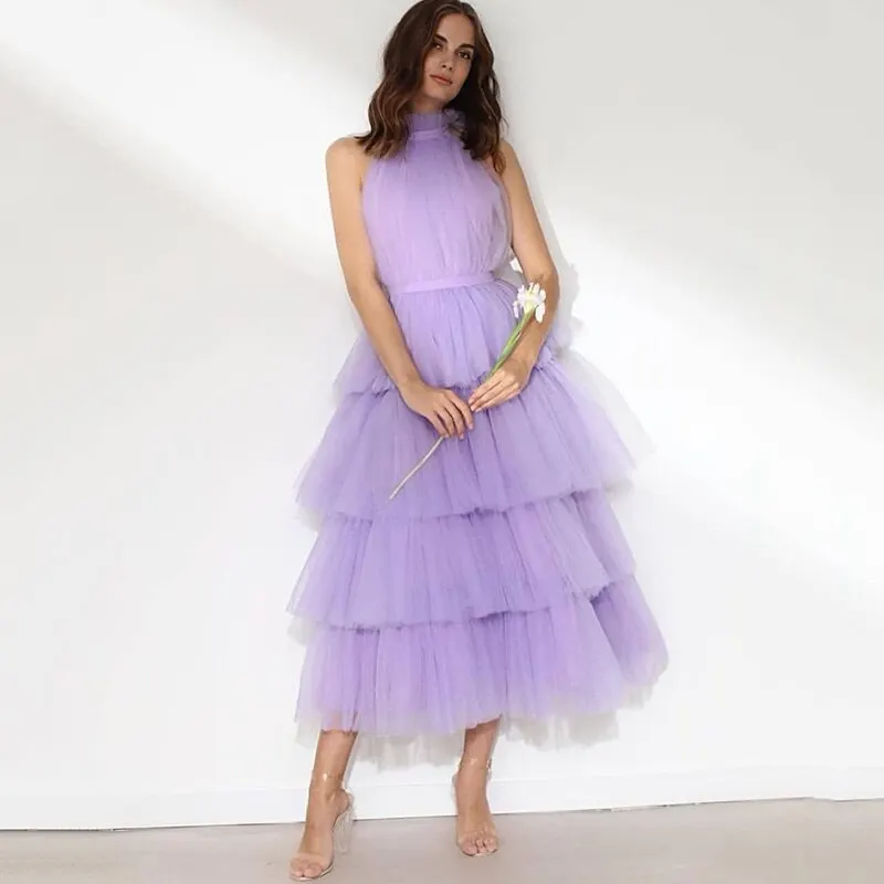 Tiered Tulle Halter High Neck Formal Evening Gowns Custom Made Big Size Tea Length Pleated Backless Wedding Bridesmaid Dress plus size evening wear