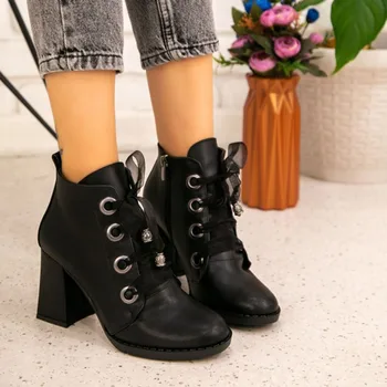 

Sacira Black Skin Heels Boots 2021 Winter Fashion Stylish, Daily Casual Comfortable Clothing Orthotic Insole Zipper and Laced Postal