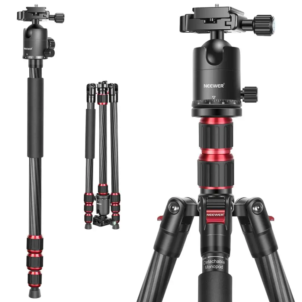 Neewer 79 Inches Carbon Fiber Camera Tripod Monopod with 2 Center Axis 360 Degree Ball Head 1/4 inch Quick Shoe Plate and Bag