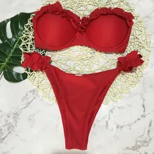 Us lady strapless rendas banho acolchoado push-up maiô biquíni sexy cor sólida maiô beachwear quente(China)