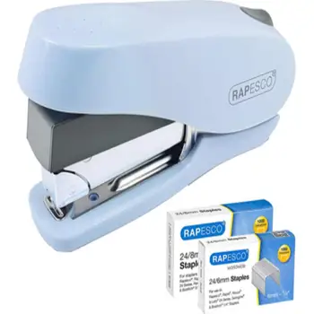 

Stapler rapesco capacity moon 50 sheets wears staple 24/6 and 24/8 color blue includes 2 boxes 1000 154332-1469