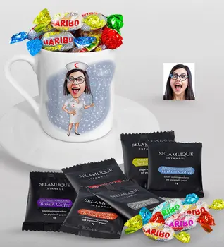 

Personalized Nurse Caricature Of Turkish Coffee Cup Selamlique Mixed Turkish Coffee house And Haribo Candy Gift Seti-1