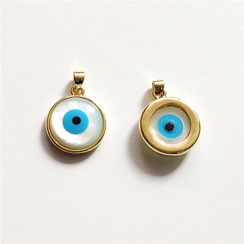 FUWO 15mm Roud White Shell Pendant,18K Gold Plated Blue Evil Eye Gift Necklace Accessories For Jewelry Making PD613 5Pcs/Lot