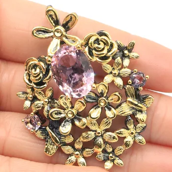 

52x40mm Sublime Antique Vintage Created Pink Kunzite Gift For Woman's Black Gold Silver Pendant