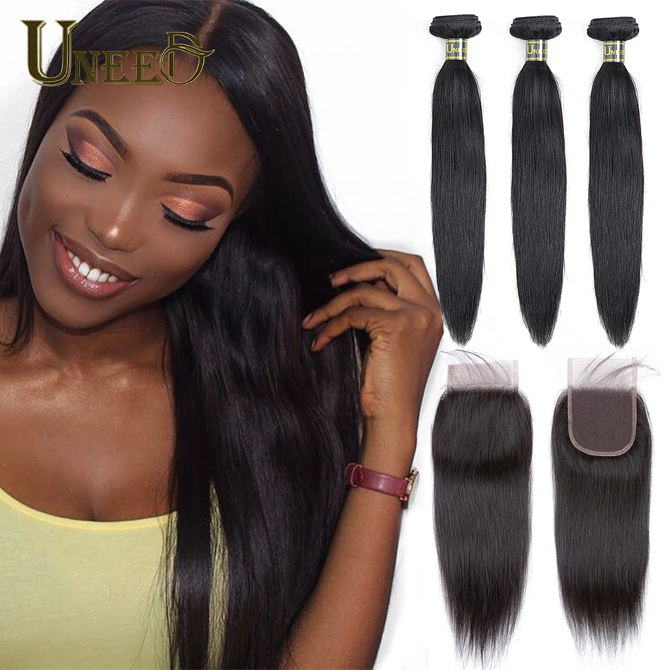 

Uneed Hair Bundles With Closure Brazilian Straight Hair Weave 3/4 Bundles With Closure Remy 100% Human Hair Extension 8-26inch