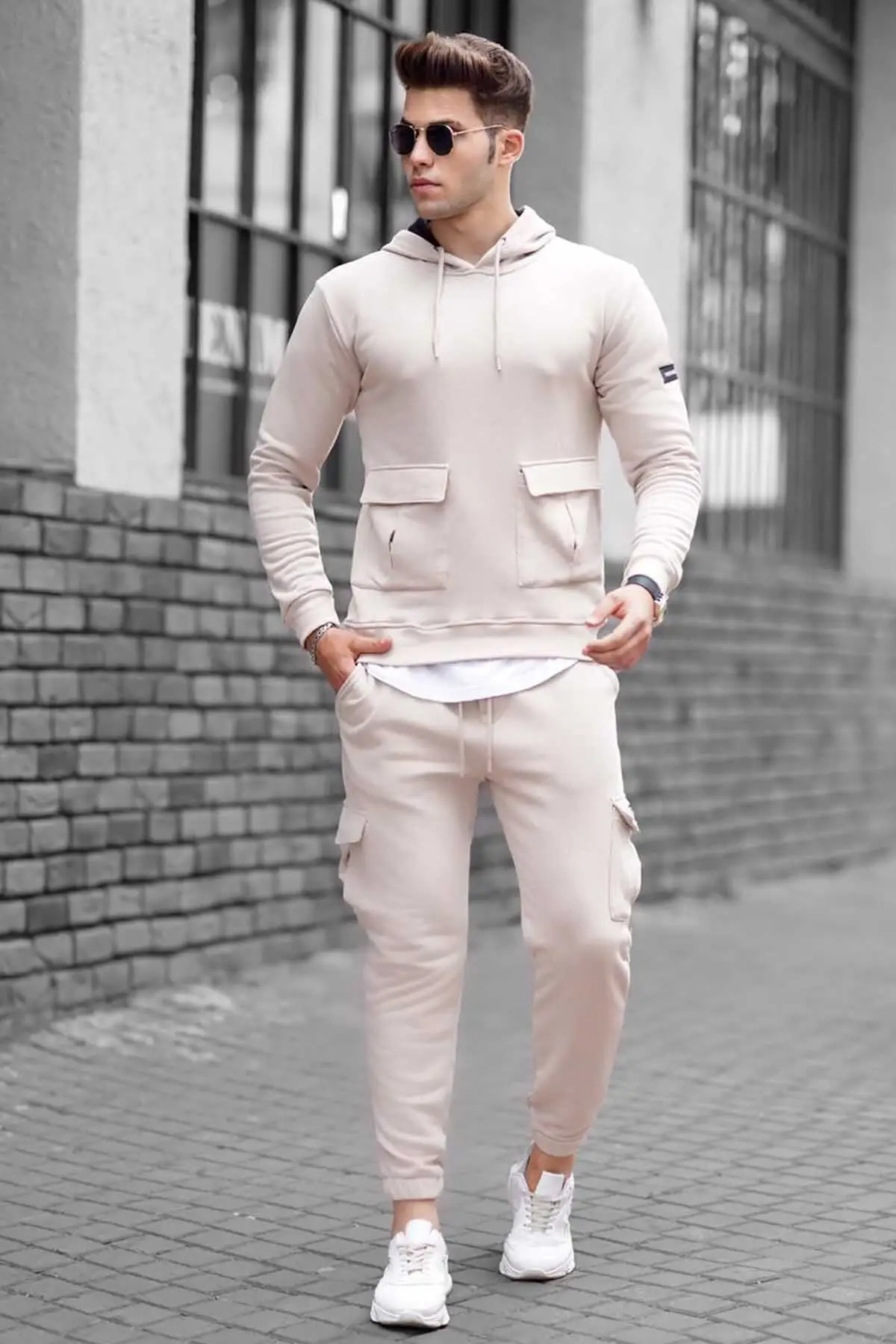 Gray Pocket Detailed Men's Sweatshirt Tracksuit Set 2021 New Season Cotton Polyester Fabric 2 Pieces
