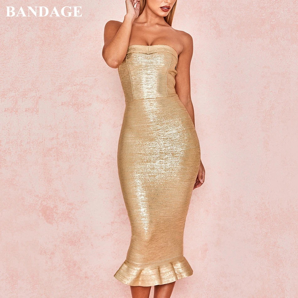 

BANDAGE Autumn Sleeveless Mermaid Bandage Dress Woman Luxury Gold Foil Print Celebrity Evening Party Dress Strapless Club Wear